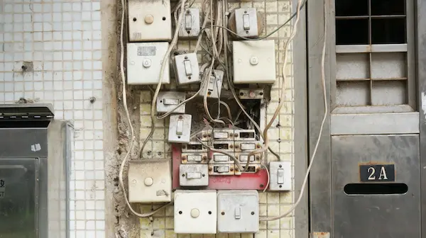 Bad code example: broken and dirty electrical wiring