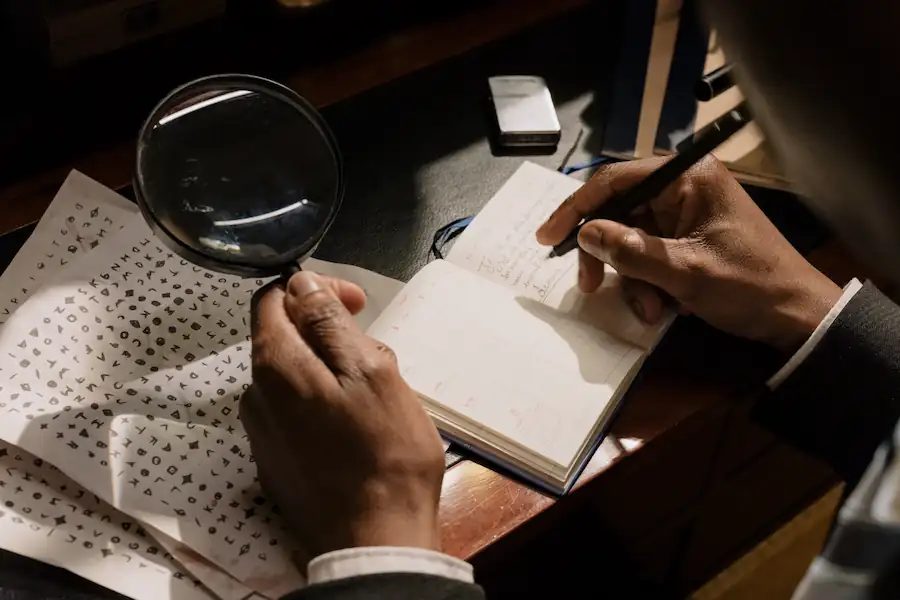 Picture of person's hands, holding a magnifier in the left hand, and a pen in the right hand. He's trying to decipher a code.