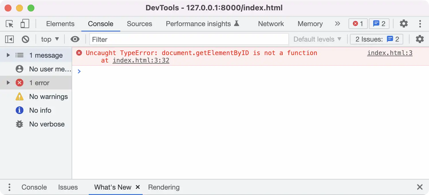 The browser console showing the error: Uncaught TypeError: getElementById is not a function in JavaScript