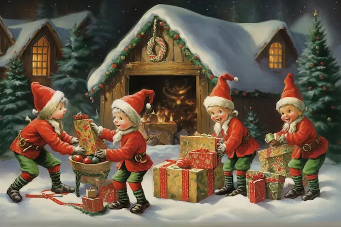 A group of happy elves carrying Christmas gifts